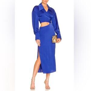 Ronny Kobo Women’s Ranell Collared Long Sleeve Royal Blue Wrap Cutout Midi Dress